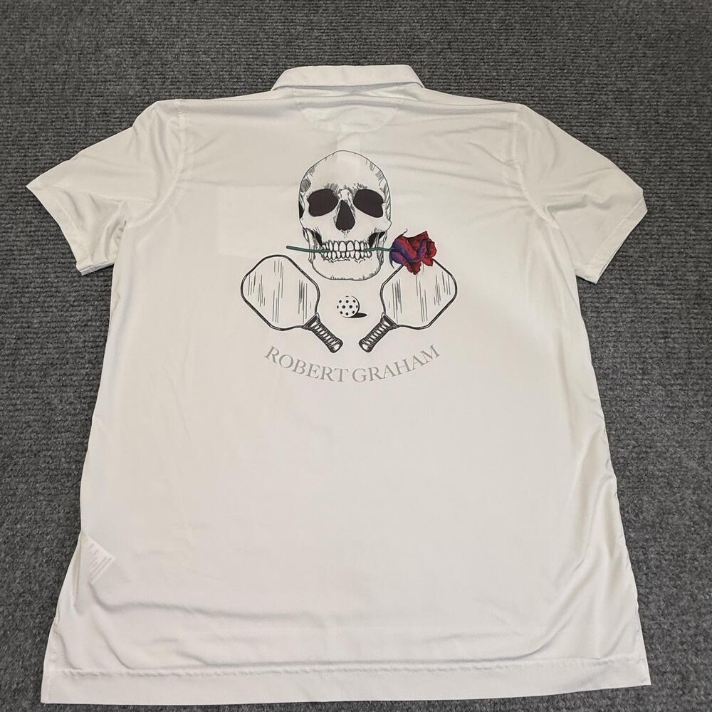 Robert Graham Polo Shirt Mens XL White Skull Pickleball Skull Graphic Stretch